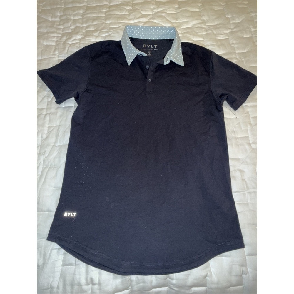 BYLT Mens Drop Cut Lux‎ Polo Shirt Navy Dot Size M Short Sleeve Golf Casual